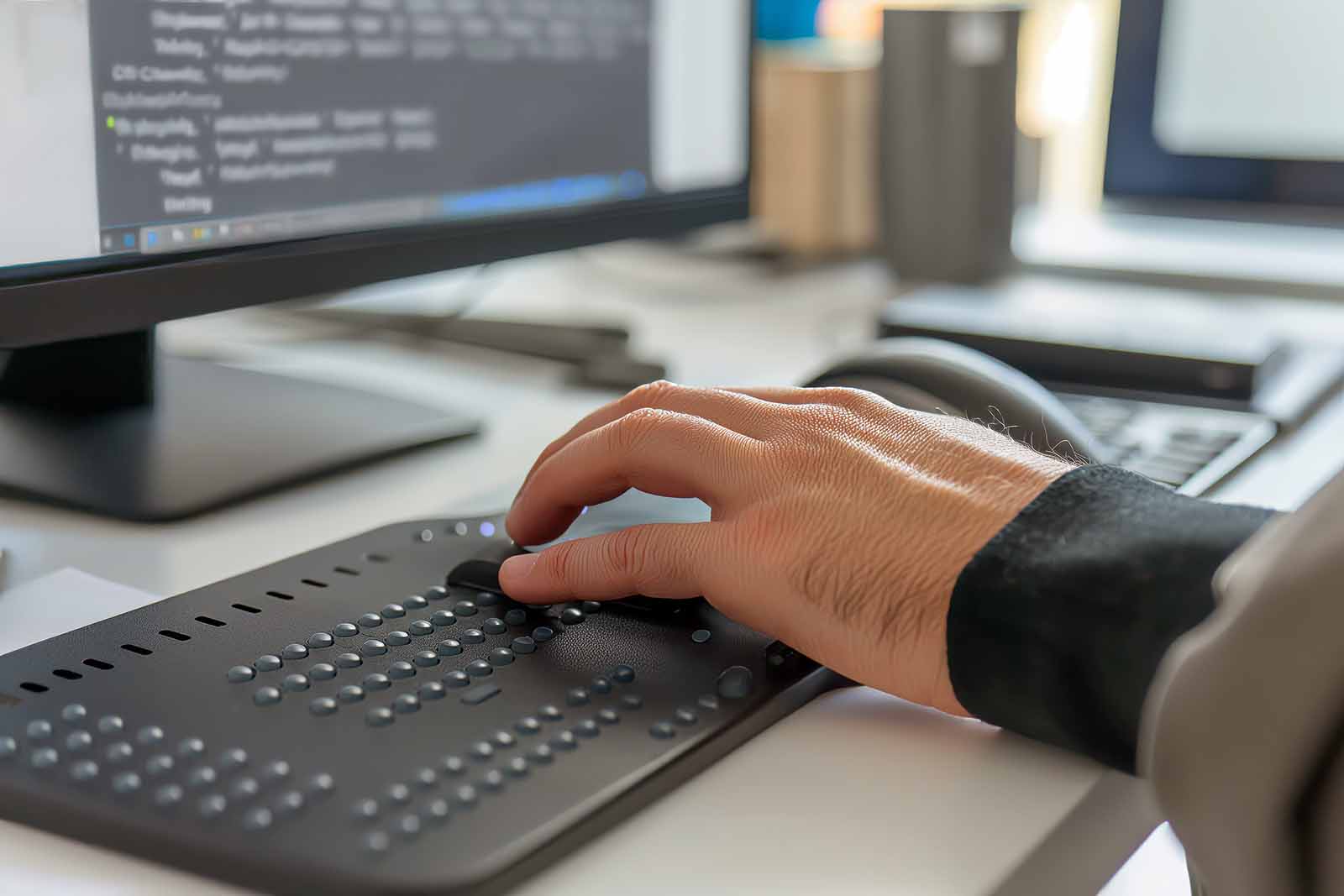 Blind person working on computer with braille display and screen